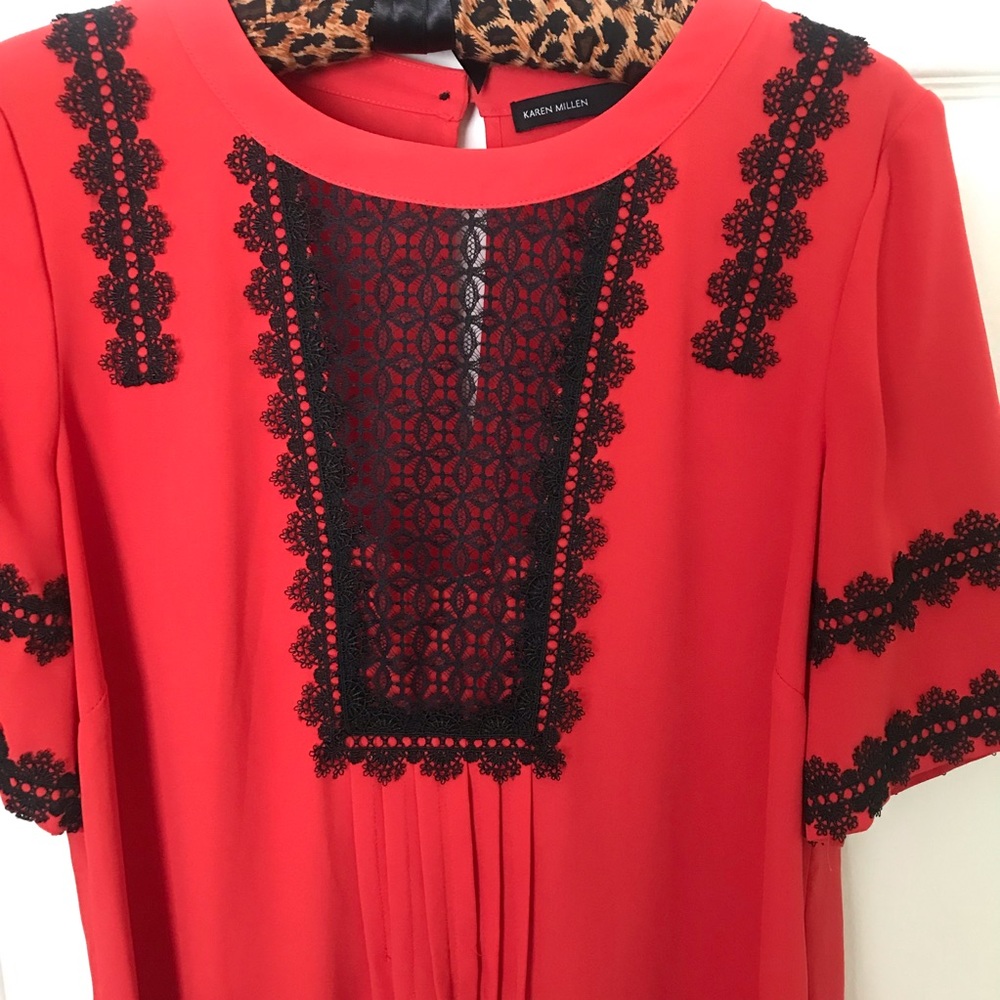 KAREN MILLEN Red and Black Lace trim shirt